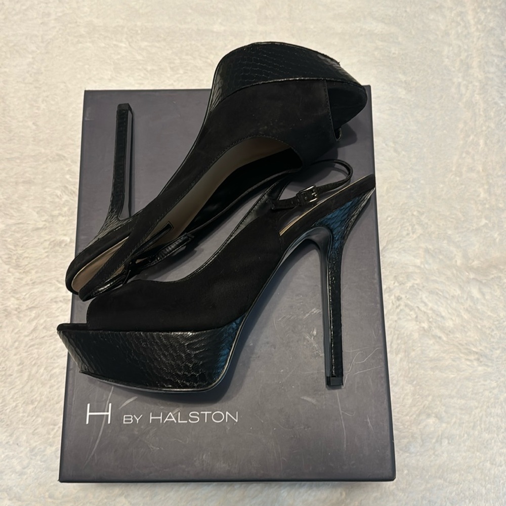 Platform sling back heels black with suede